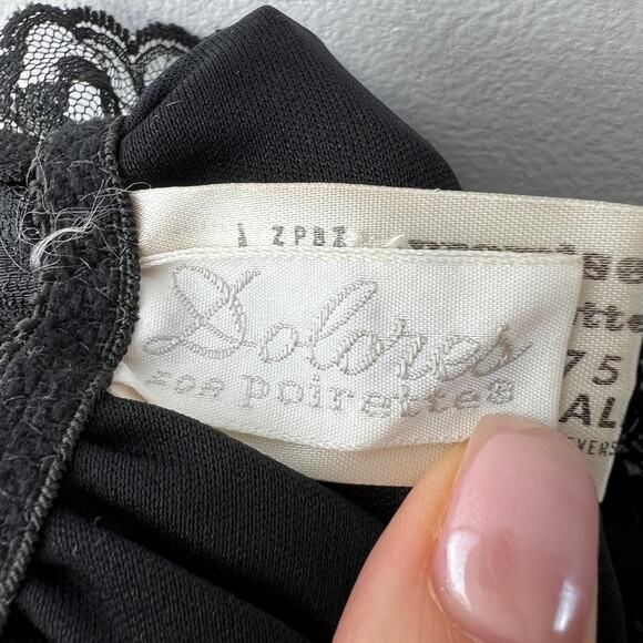 VTG Dolores For Poirette Black Sleep Bodysuit Lace Ruffle VNeck Pullover S Small - Picture 6 of 8